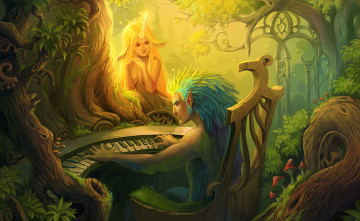 Картинка фэнтези существа девушка лесные арт лес пианино музыка взгляд рог
