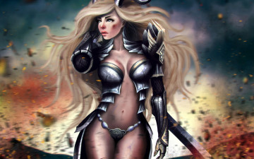 Картинка фэнтези демоны демон девушка фантастика блондинка броня волосы длинные фон взгляд доспехи лицо меч рога