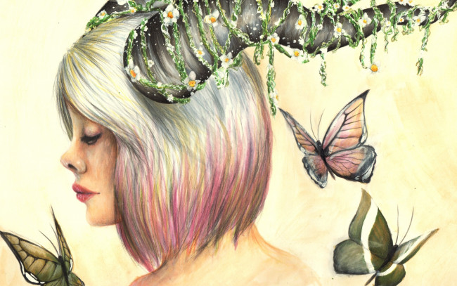 Обои картинки фото фэнтези, существа, цветы, art, бабочка, девушка, рога
