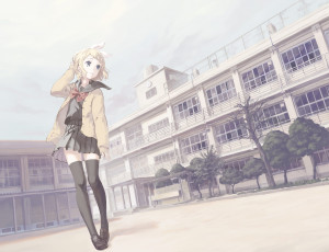 Картинка аниме vocaloid девушка kagamine rin вокалоид ветер двор школа школьница