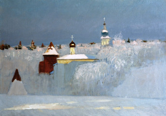 Картинка русская+зима рисованное николай+анохин здания снег небо церковь деревья