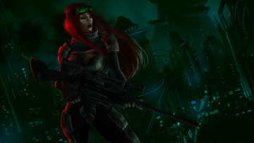 Картинка фэнтези девушки снайпер рыжая оружие фон взгляд девушка