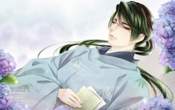 Картинка аниме unknown +другое цветы очки парень зеленые волосы спит