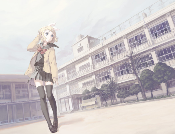 Обои картинки фото аниме, vocaloid, девушка, kagamine, rin, вокалоид, ветер, двор, школа, школьница