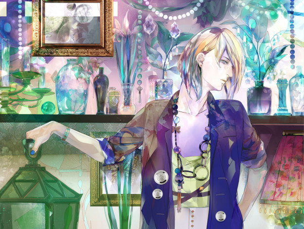 Обои картинки фото аниме, unknown,  другое, цветы, ваза, парень, saiga, tokihito, фонарь