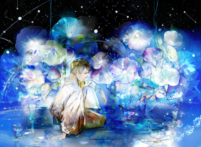 Обои картинки фото аниме, unknown,  другое, ночь, парень, saiga, tokihito, арт, цветы, звезды