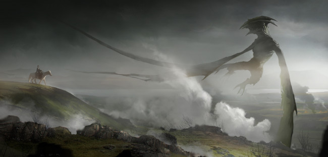 Обои картинки фото фэнтези, драконы, рисунок, арт, монстр, monster, fantasy, гарпия, harpy, art, горы, mountains, облако, cloud, horseman, всадник, fog, mist, туман, дым, smoke, чудовище, by, lukaszsienkiewicz
