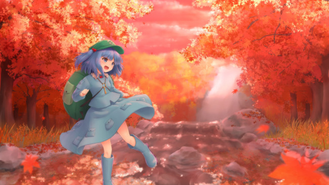 Обои картинки фото аниме, touhou, осень, девочка, арт, wamu, chartreuse, kawashiro, nitori
