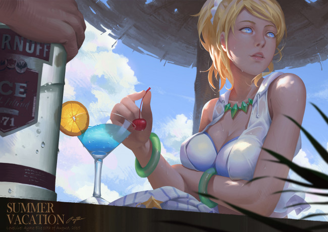 Обои картинки фото аниме, unknown,  другое, девушка, взгляд, фон, вишня, коктейль, рука, лимон, облака, небо, зонт, бутылка
