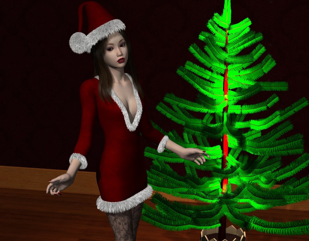 Обои картинки фото 3д графика, праздники , holidays, фон, елка, взгляд, девушка