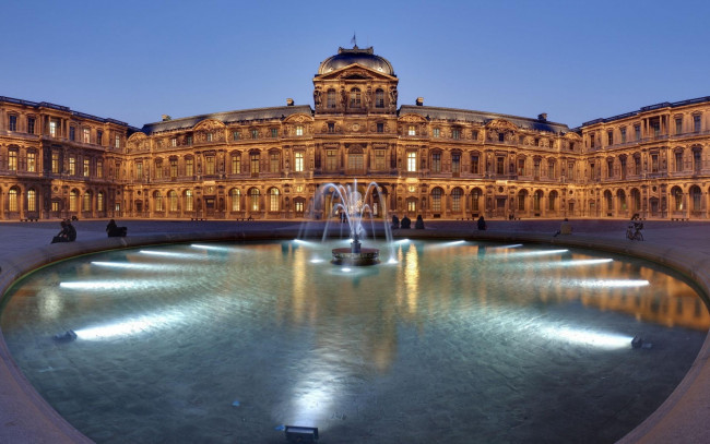 Обои картинки фото музей лувра, париж, города, - фонтаны, фонтан, франция, лувр, musee, du, louvre, архитектура