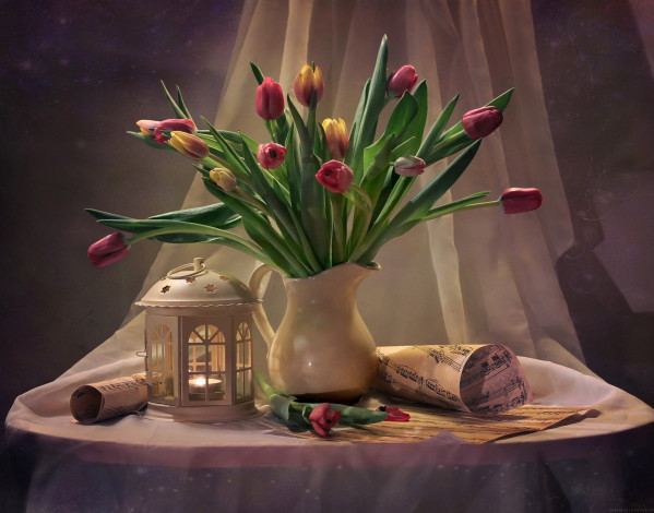 Обои картинки фото цветы, тюльпаны, кувшин, свеча