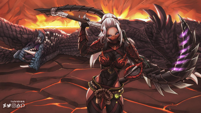 Обои картинки фото видео игры, monster hunter, девушка, дракон, огонь, оружие