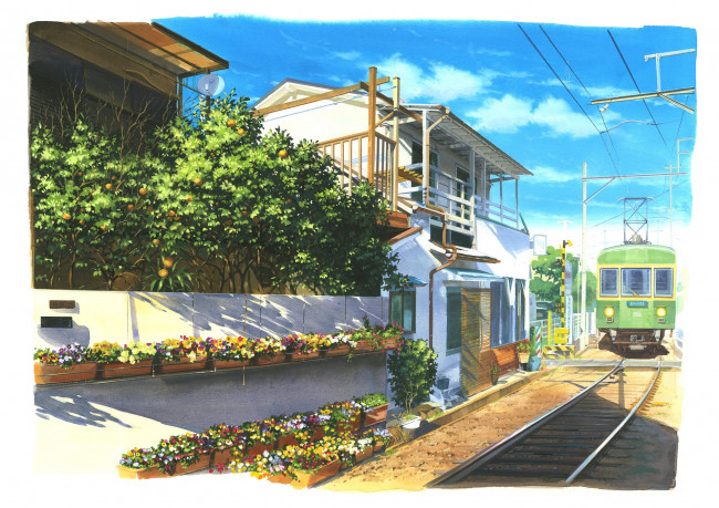 Обои картинки фото рисованное, города, трамвай, улица, дома, сад