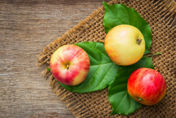 обоя еда, яблоки, листья, стол, доски, желтые, зеленые, красные, трио, мешковина