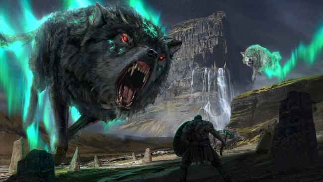 Обои картинки фото видео игры, god of war,  ragnarok, воин, волк, фенрир