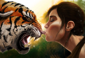 Картинка рисованное животные +тигры тигр девушка головы поцелуй