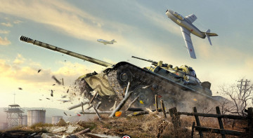 обоя видео игры, world of tanks, танк, самолеты, разрушения