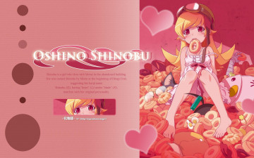 Картинка аниме bakemonogatari oshino+shinobu девушка платье шлем пончик еда игрушки