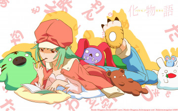 обоя аниме, bakemonogatari, sengoku nadeko, шляпа, пиджак, девушка, игрушки, еда, тетрадь