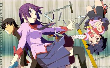 Картинка аниме bakemonogatari senjougahara+hitagi девушка форма инструменты степлер ножницы карандаш ручка araragi+koyomi мужчина kanbaru+suruga бинт