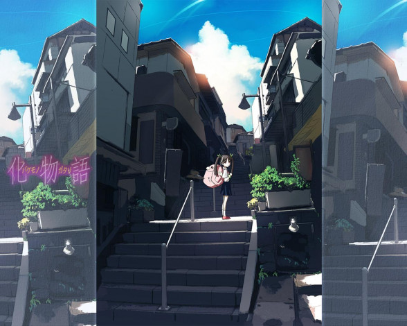 Обои картинки фото аниме, bakemonogatari, hachikuji mayoi, девушка, форма, портфель, бант, город, улицы, здания, лестница, облака, небо