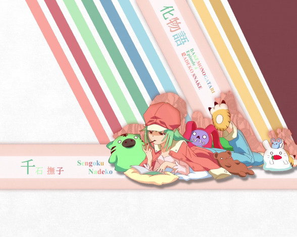 Обои картинки фото аниме, bakemonogatari, sengoku nadeko, шляпа, пиджак, девушка, игрушки, подушка, еда, тетрадь