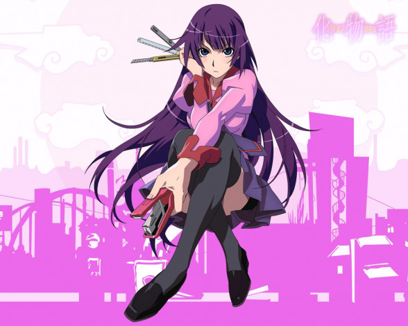 Обои картинки фото аниме, bakemonogatari, senjougahara hitagi, девушка, форма, инструменты, степлер, ножницы, карандаш, ручка, нож, город