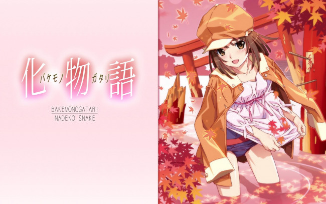 Обои картинки фото аниме, bakemonogatari, sengoku nadeko, шляпа, пиджак, девушка, листья, храм, небо, облака