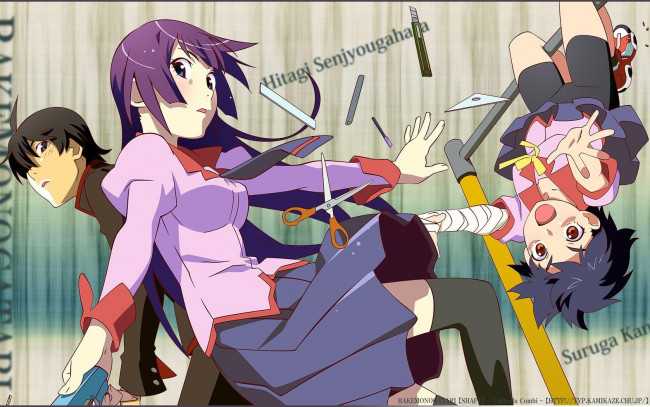 Обои картинки фото аниме, bakemonogatari, senjougahara hitagi, девушка, форма, инструменты, степлер, ножницы, карандаш, ручка, araragi koyomi, мужчина, kanbaru suruga, бинт