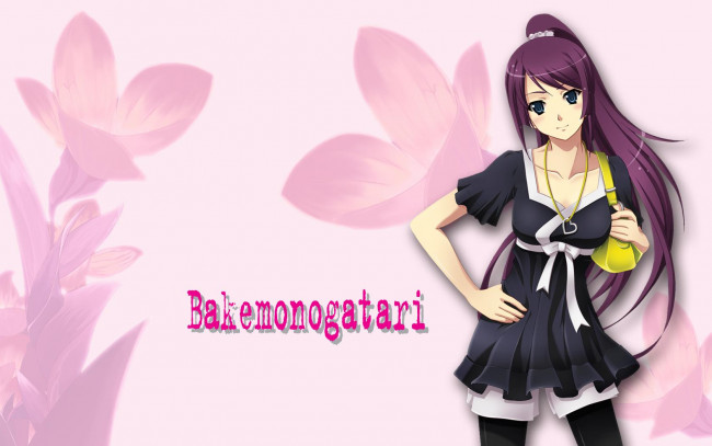 Обои картинки фото аниме, bakemonogatari, senjougahara hitagi, девушка, шорты, платье, кулон, сумка