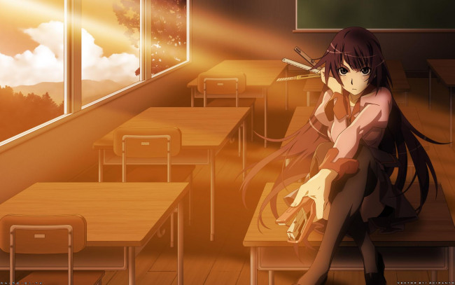 Обои картинки фото аниме, bakemonogatari, senjougahara hitagi, девушка, форма, инструменты, степлер, ножницы, карандаш, ручка, стол, стул, комната, доска, небо, облака, окна, свет