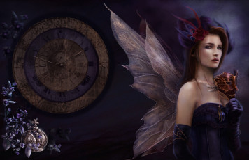 обоя фэнтези, феи, девушка, часы, маска, крылья, корона, слёзы