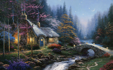 обоя thomas, kinkade, рисованные, дом, деревья, мост, река, пейзаж