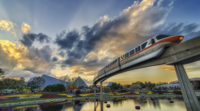Обои картинки фото техника, поезда, водоем, монорельс, поезд, мост