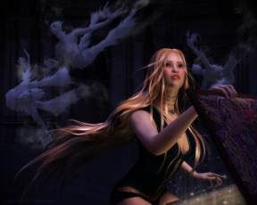 Картинка 3д+графика фантазия+ fantasy сундук призраки девушка блондинка искры духи