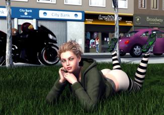 Картинка 3д+графика люди+ people лежит трава фон автомобили дома улица взгляд девушка