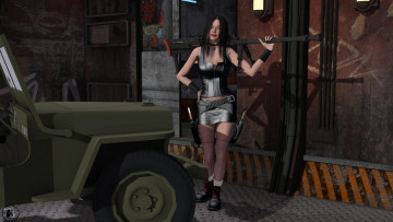 Картинка 3д+графика фантазия+ fantasy девушка взгляд фон оружие автомобиль