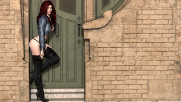 Картинка 3д+графика люди+ people сапоги дверь рыжая взгляд фон девушка