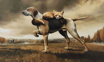 Картинка рисованное животные +собаки облака небо деревья поле лиса собака