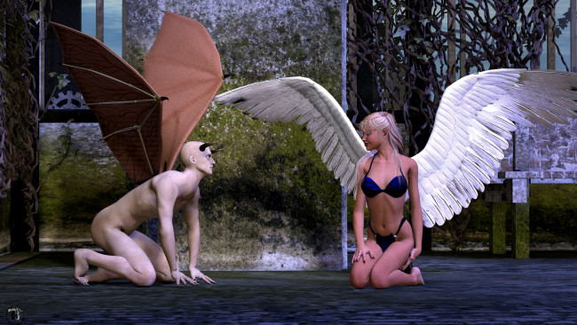 Обои картинки фото 3д графика, ангел , angel, демон, блондинка, крылья, ангел, фон, взгляд, девушка
