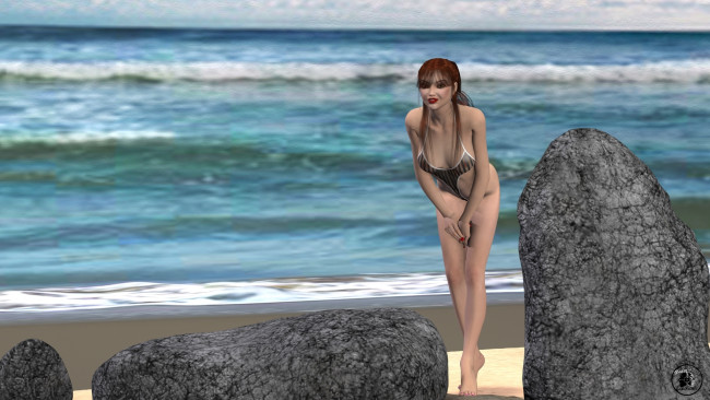 Обои картинки фото 3д графика, люди , people, камни, купальник, фон, взгляд, девушка, волны, море