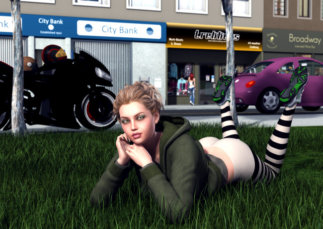 Обои картинки фото 3д графика, люди , people, лежит, трава, фон, автомобили, дома, улица, взгляд, девушка
