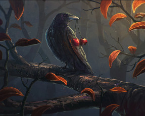 Картинка рисованное животные +птицы птица вишня листья ворона ветка арт