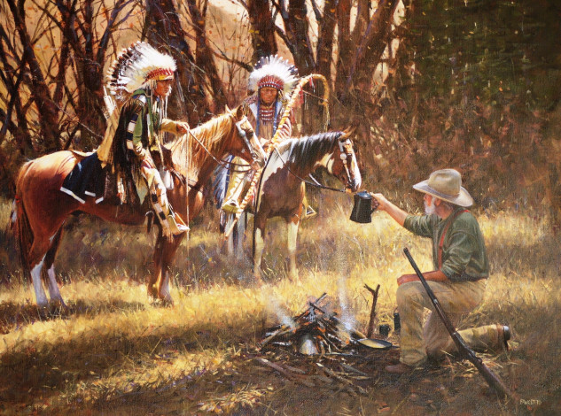Обои картинки фото рисованное, люди, лошади, охотник, костер, перья, всадники, индейцы, ружье, чайник