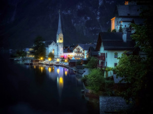 Картинка города гальштат+ австрия огни отражение озеро ночь