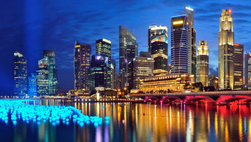 Картинка города сингапур+ сингапур река мост вечер огни
