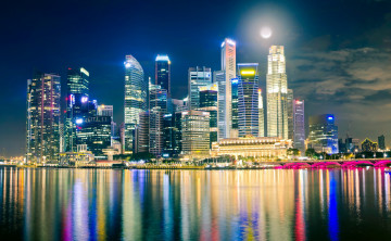 Картинка города сингапур+ сингапур река небоскребы вечер огни отражение