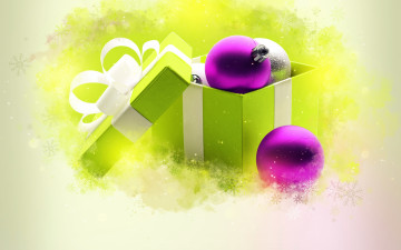 Картинка праздничные шары игрушки коробка фон зеленая снежинки новогодние ленточка