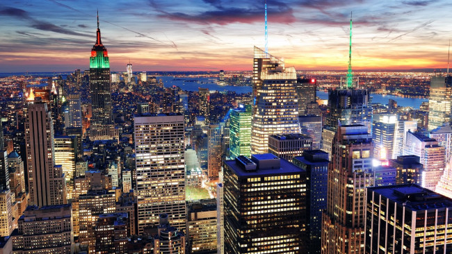 Обои картинки фото города, нью-йорк , сша, вечер, закат, небоскребы, огни
